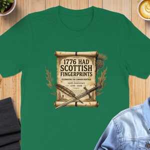 T-shirt with 1776 Scottish fingerprints and thistle graphic.