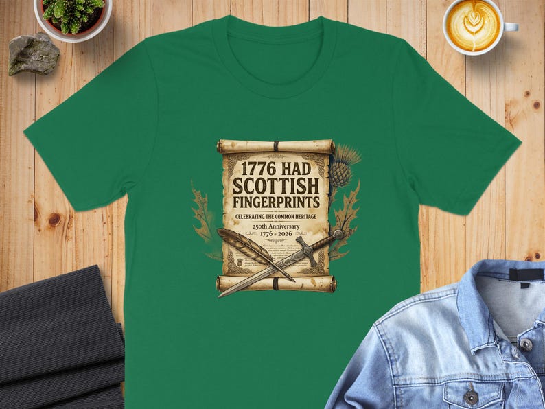 T-shirt with 1776 Scottish fingerprints and thistle graphic.