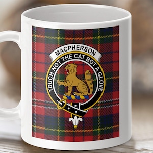 Macpherson Clan Crest Mug, Scottish Tartan Coffee Mug, 11oz 15oz Ceramic, Custom Scottish Gift, Family Name Crest Mug, Personalized Mug