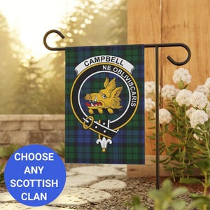 Customizable Scottish Clan Garden Flag, Featuring Scottish Clan Crest of Choice on Tartan Background, Outdoor Home Decor, Gift for Mom Dad