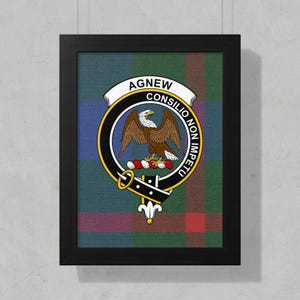 Agnew Clan Crest Framed Poster, Scottish Tartan Decor, Family Heritage Art, Scotland Genealogy Gift, Eagle Emblem, Clan Pride, Wall Decor