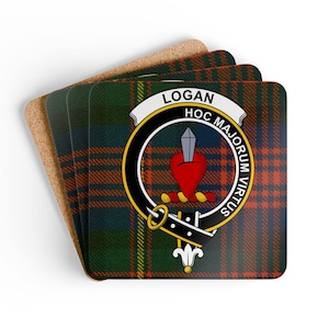 Logan Scottish Clan Coaster Set: Tartan Design, Family Crest, House Decor