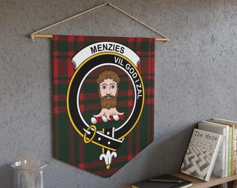 Menzies Clan Crest Tartan Pennant: Scottish Heritage Decor, Family Pride, Wall Art
