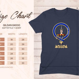 Gildan 64000 t-shirt size chart with measurements for width and length.