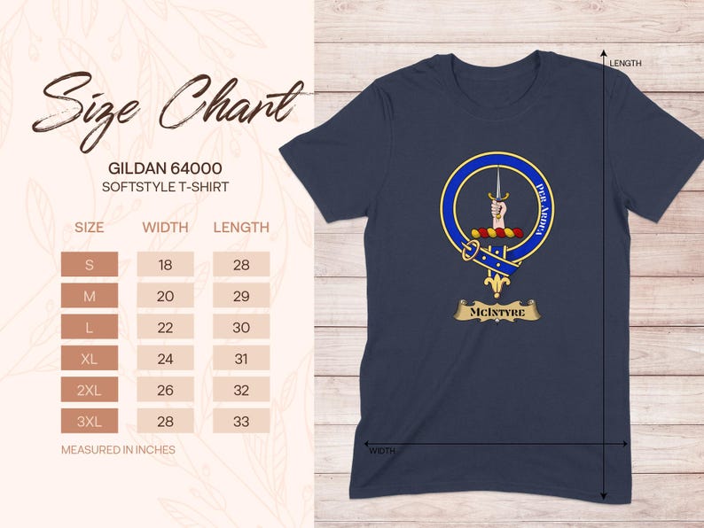 Gildan 64000 t-shirt size chart with measurements for width and length.