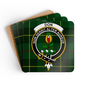 Don Clan Coaster Set: Tartan Design, Scottish Thistle, Heritage Crest
