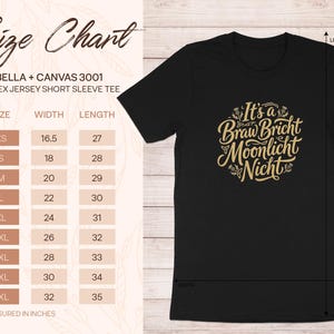 T-shirt size chart with measurements in inches for Bella + Canvas 3001.