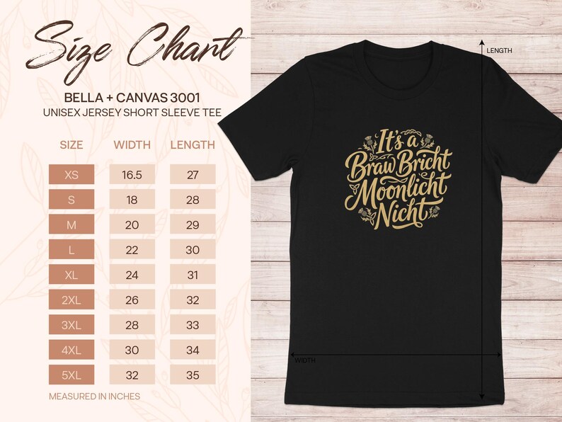 T-shirt size chart with measurements in inches for Bella + Canvas 3001.