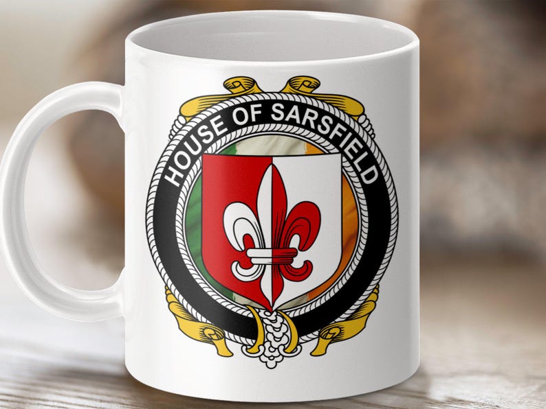 Sarsfield Irish Coat of Arms Mug, Sarsfield Ancestry Lineage Heritage, Sarsfield Heraldry Mug