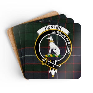 Hunter Clan Coaster Set: Tartan, Scottish Crest, Protective Tableware