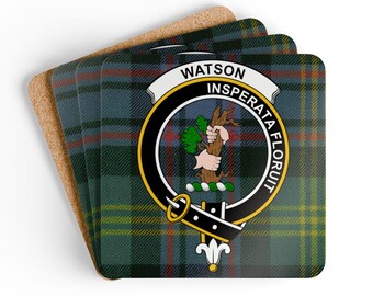 Watson Clan Coaster Set: Tartan Crest, Durable, Vibrant Scottish Heritage