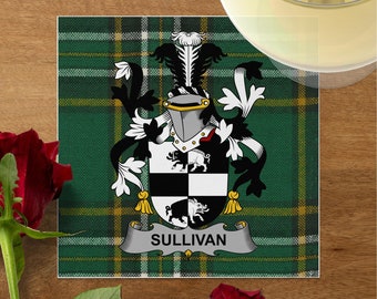 Irisches Sullivan-Familienwappen auf Tartan-Getränkeserviette, individuelle Luncheon-Serviette für Hochzeiten und Familientreffen