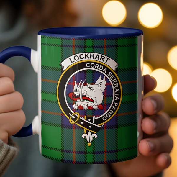 Scottish Clan Lockhart Crest Mug, Corda Serrata Pando, Tartan Background Coffee Cup