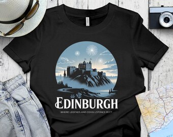 Maglietta del Castello di Edimburgo, maglietta souvenir della Scozia, grafica unica dello skyline di Edimburgo, maglietta del patrimonio scozzese, idea regalo di viaggio