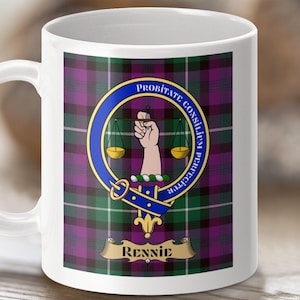 Rennie Scottish Clan Crest Mug, Tartan Background Family Emblem, Celtic Ancestry Gift, Clan Rennie Heraldry Coffee Cup
