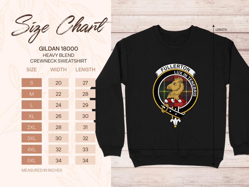 Gildan 18000 sweatshirt size chart with measurements in inches.