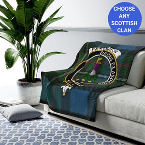 Clan Ferguson Blanket, Scottish Clan Crest Blanket, Tartan Background Throw Blanket, Cozy Clan Ferguson Decor, Family Heritage Gift
