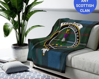 Clan Ferguson Blanket, Scottish Clan Crest Blanket, Tartan Background Throw Blanket, Cozy Clan Ferguson Decor, Family Heritage Gift