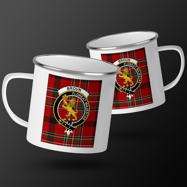 Scottish Clan Broun Tartan Enamel Camping Mug, 12 oz Coffee Cup, Outdoors Hiking Gear, Family Crest Drinkware, Unique Heritage Gift