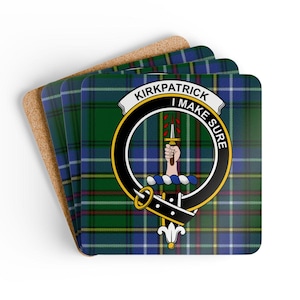 Kirkpatrick Coaster Set: Scottish Clan Crest, Tartan Pattern, Drink Coasters