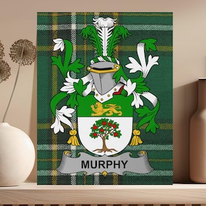Murphy Irish Surname Coat of Arms Canvas Wrap, Irish National Tartan Background, Personalized Ancestral Family Crest Art