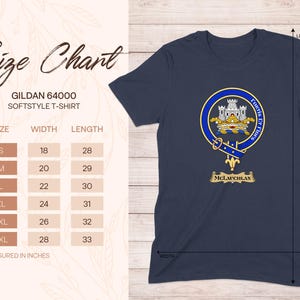 Gildan 64000 Softstyle T-shirt size chart with dimensions for McLauchlan clan crest.