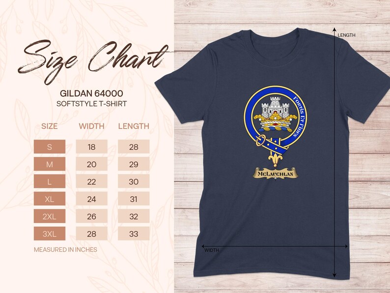 Gildan 64000 Softstyle T-shirt size chart with dimensions for McLauchlan clan crest.