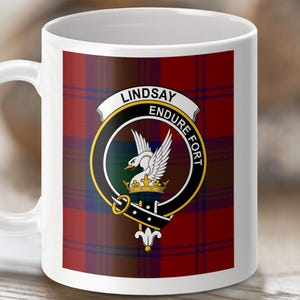 Lindsay Clan Crest Tartan Mug, Scottish Gift, Customizable Clan Mug, Double Sided Coffee Mug, 11oz 15oz Ceramic Mug, Lindsay Mug