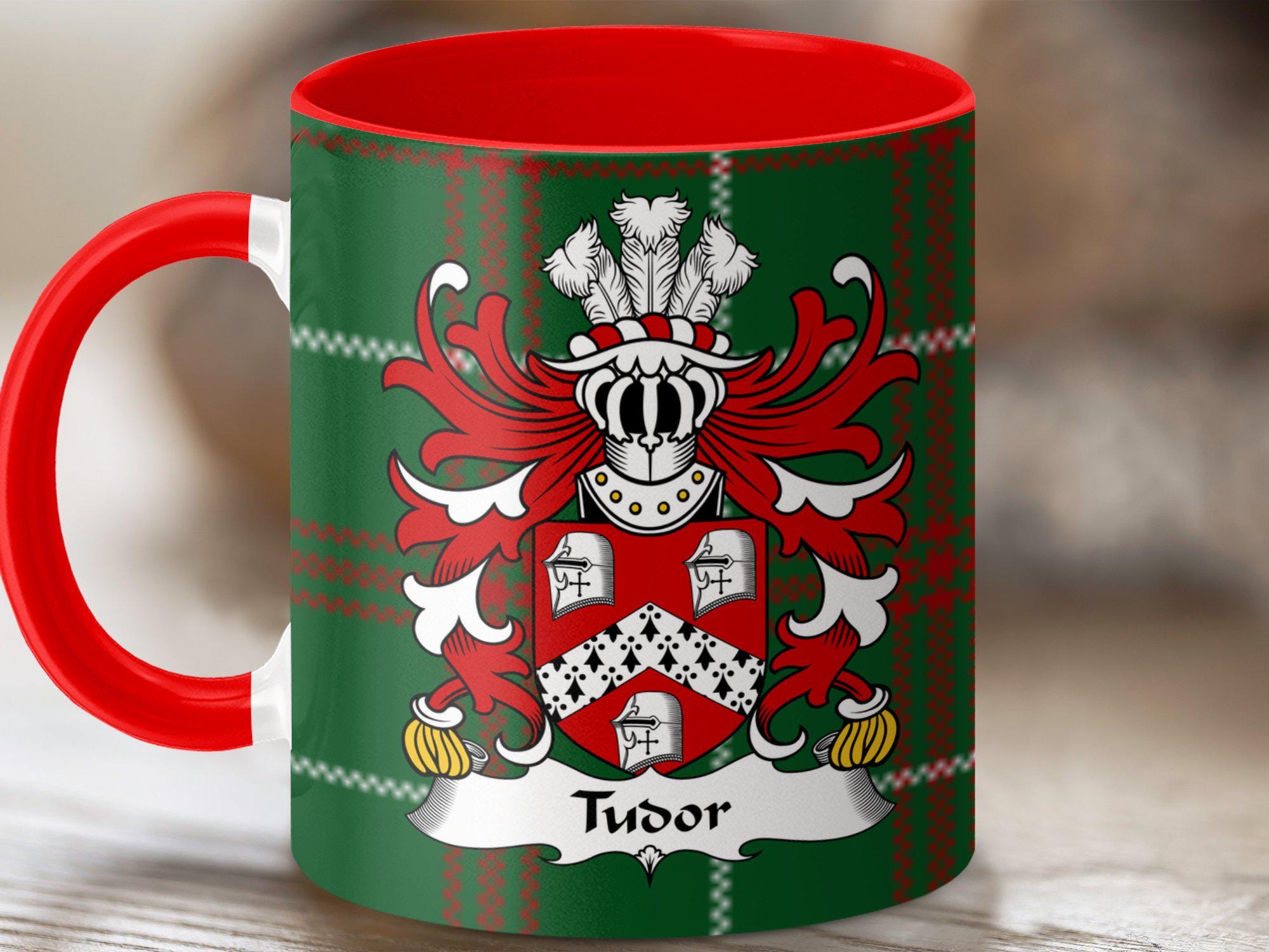Tudor Welsh Surname Mug, Coat of Arms, National Tartan Background