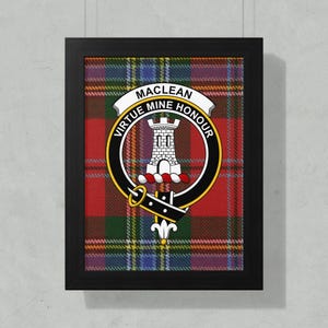 Maclean Clan Crest Framed Poster, Scottish Tartan Art, Family Heritage Decor, Scotland Gift, Virtue Mine Honour Print