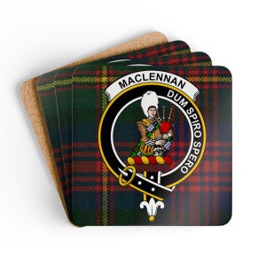MacLennan Coaster Set: Clan Crest Design, Vibrant Tartan, Historic Scotland