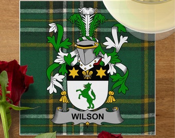 Blason de la famille Wilson sur les serviettes de table en tartan irlandais, serviettes de table personnalisées pour les mariages et les réunions