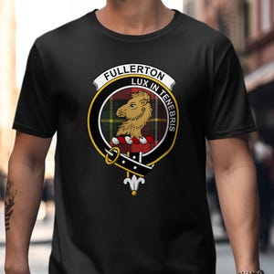 Black t-shirt featuring Fullerton clan crest with motto "Lux In Tenebris".