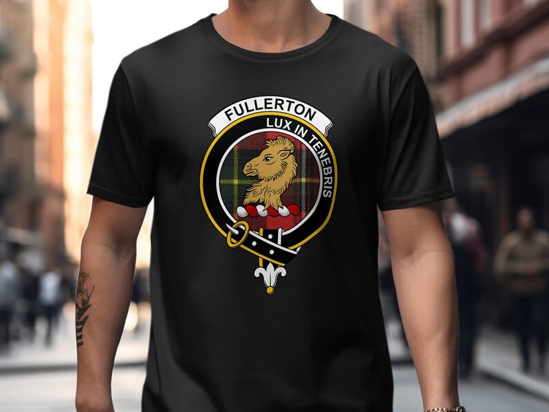 Black t-shirt featuring Fullerton clan crest with motto "Lux In Tenebris".