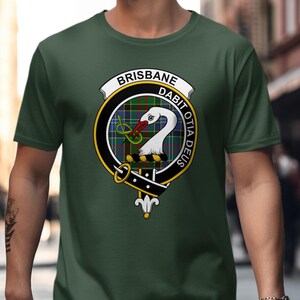 Green t-shirt with Brisbane Dabit Otia Deus clan crest on the chest.
