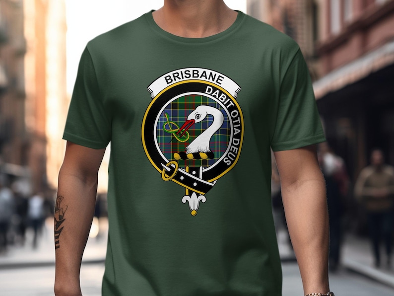 Green t-shirt with Brisbane Dabit Otia Deus clan crest on the chest.