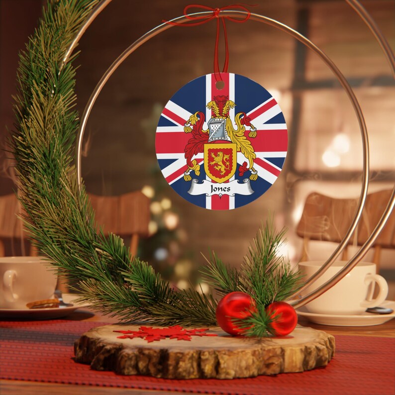 Jones Union Jack Coat of Arms Ornament, Personalized British Surname