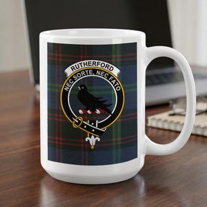 Rutherford Clan Crest Mug | Nec Sorte, Nec Fato | Scottish Tartan Coffee Cup | Rutherford Family Gift | Scottish Ancestry Gift