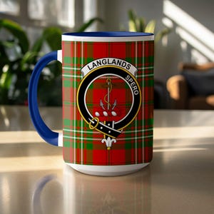 Langlands Clan Crest Mug, Scottish Tartan Mug, Scottish Gift, Ancestry Mug, Clan Pride, Gift for Him Her