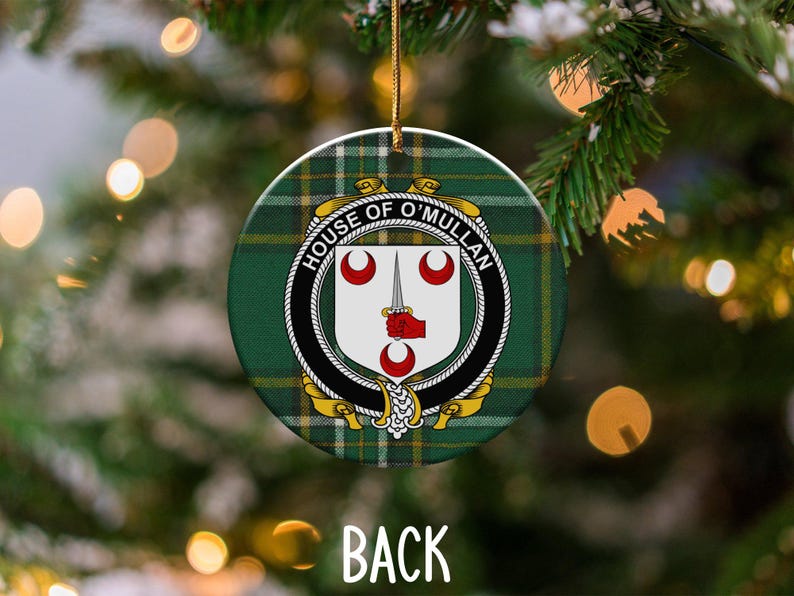 O'mulan Irish Surname Crest Ornament, Irish National Tartan Christmas