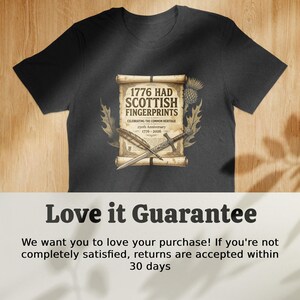 Black t-shirt with "1776 Scottish Fingerprints" graphic and scroll.