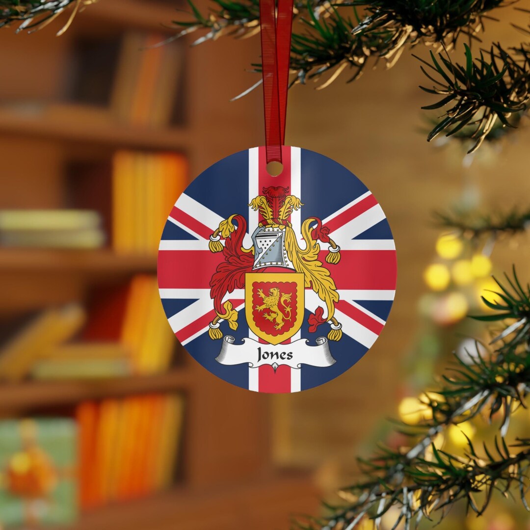 Jones Union Jack Coat of Arms Ornament, Personalized British Surname