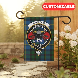 May include: A green, blue, and yellow tartan flag with a black bull's head crest and the text "MacLeod Hold Fast".