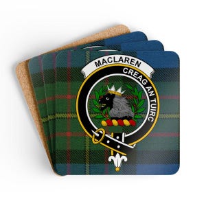 MacLaren Coaster Set: Scottish Clan Crest, Tartan Design, Drinks Coasters