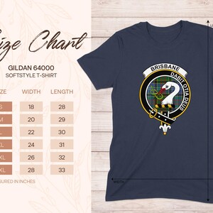 Gildan 64000 Softstyle T-shirt size chart with measurements and Brisbane coat of arms.