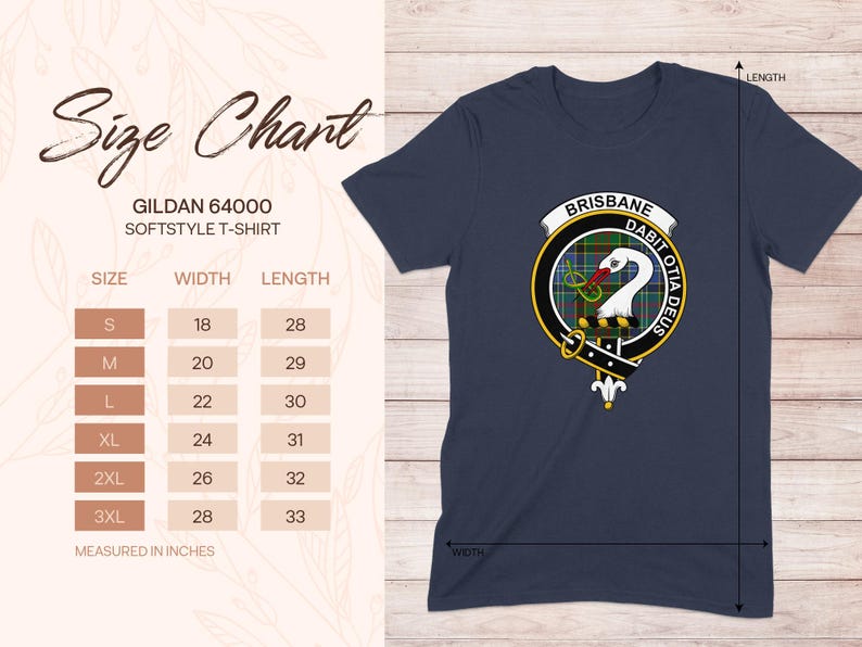 Gildan 64000 Softstyle T-shirt size chart with measurements and Brisbane coat of arms.