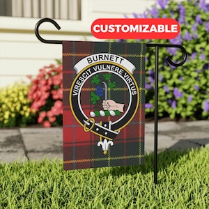 Burnett Clan Garden Flag, Scottish Crest Tartan Background, Clan Family Heritage, Outdoor Decoration, Customizable Flag, Home Garden Decor