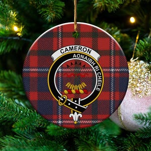 Cameron Clan Tartan, Scottish Family Crest Ceramic Ornament, Aonaibh Ri Cheile, Unique Holiday Gift, Scottish Heritage Ornament