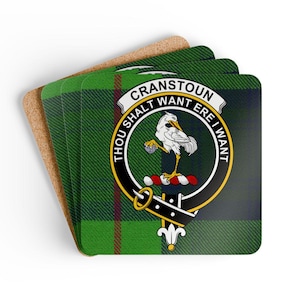 Cranstoun Coaster Set: Tartan Crest, Clan Symbol, Scotland Home Decor