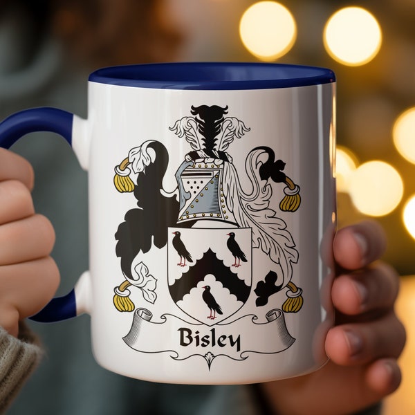 Personalized Bisley Family Crest Coffee Mug, Heraldic Lion Emblem 11oz 15oz, Custom English Surname Gift